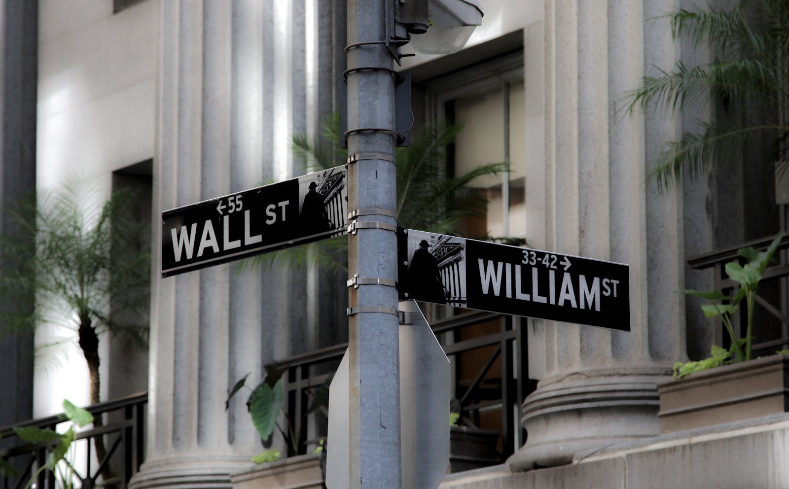 Intersection of Wall Street and William Street, showcasing iconic financial district signage in New York City.